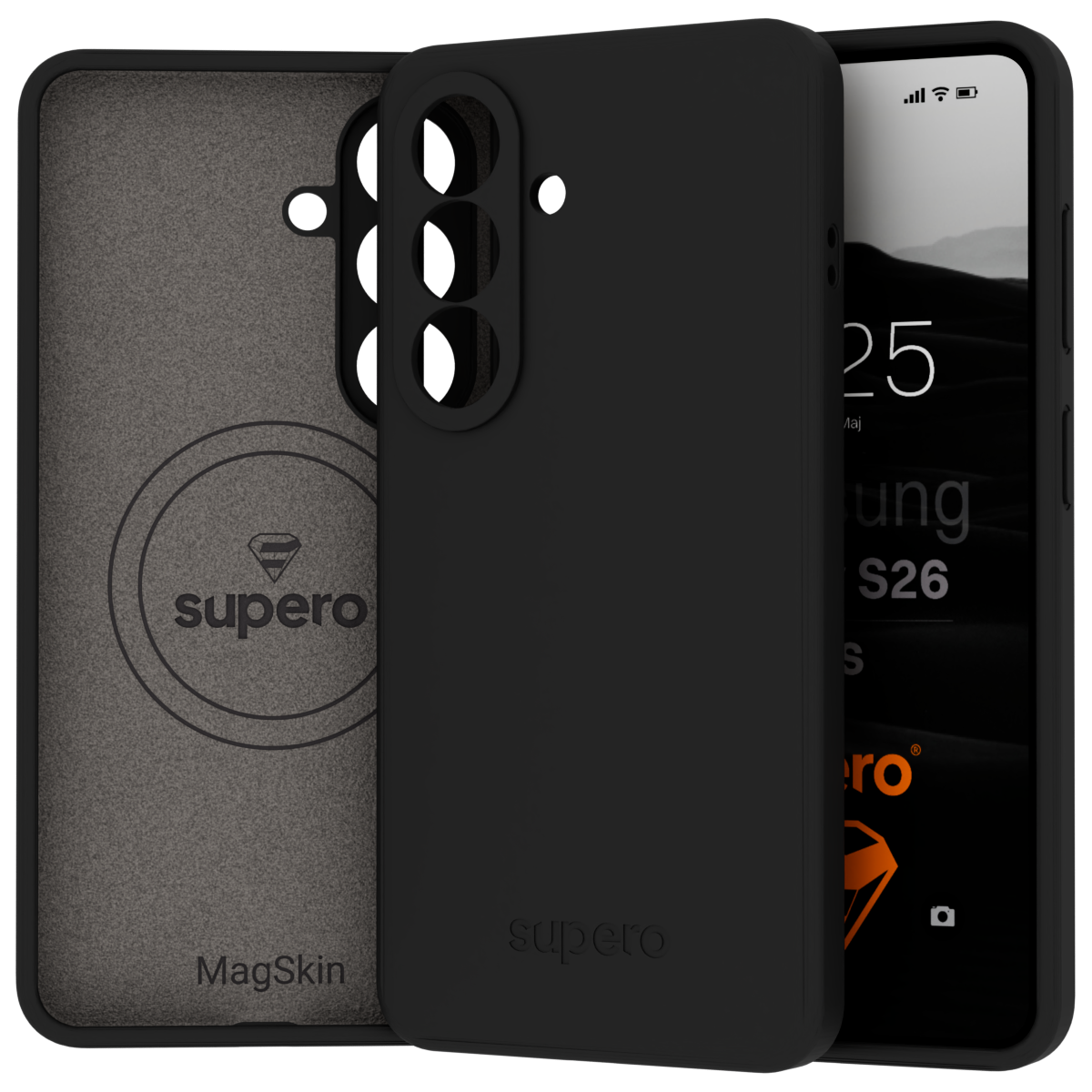 Obraz przedstawia czarne, silikonowe etui do telefonu z wycięciami na aparat i logo \'supero\' oraz napis \'MagSkin\' wewnątrz. Obok etui widoczny jest telefon z ekranem, na którym widać fragment tekstu \'Samsung S26\'.