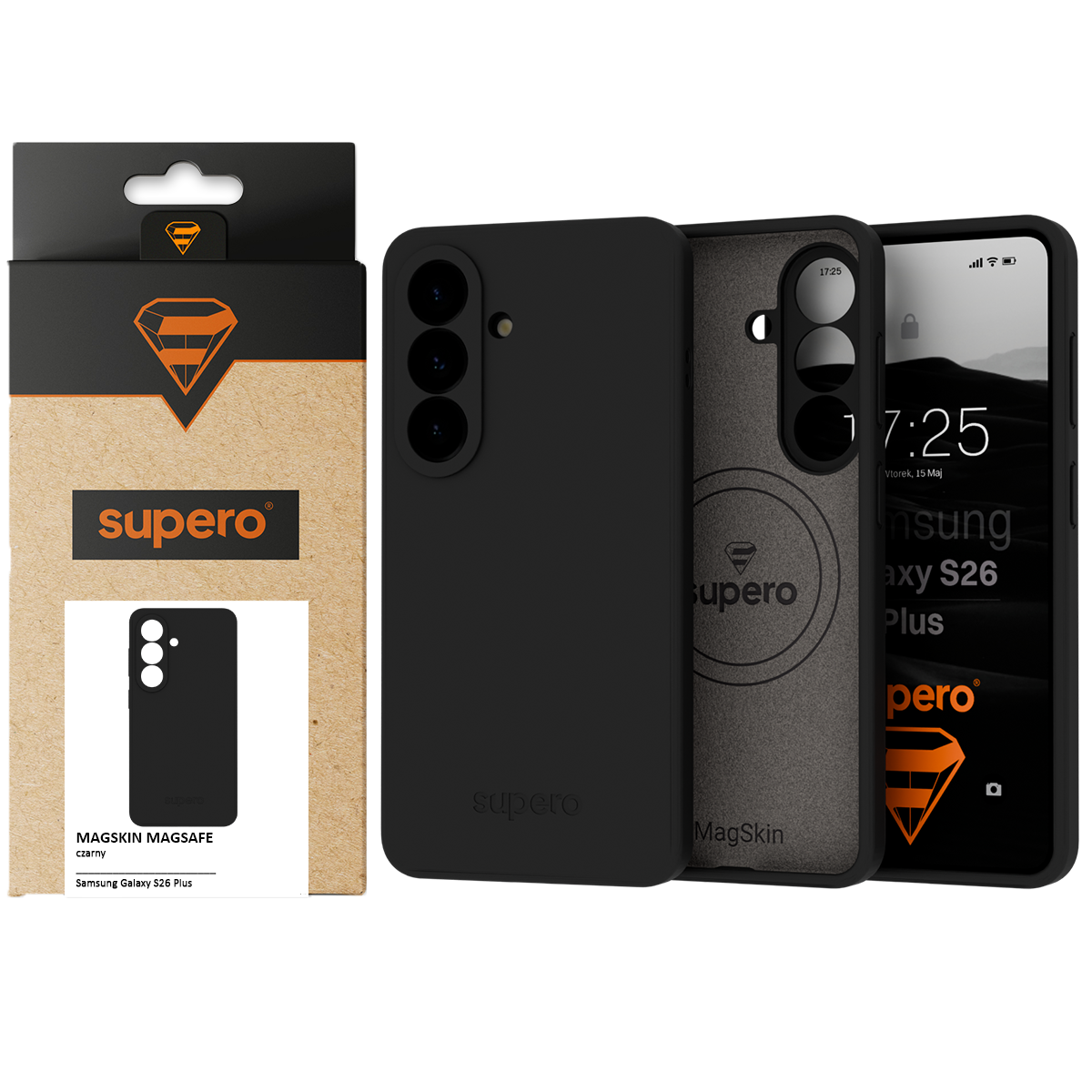 Na obrazie widoczne jest czarne etui do telefonu z trzema otworami na aparat oraz opakowanie z logo \'supero\'. Na opakowaniu znajduje się napis \'MAGSKIN MAGSAFE czarny Samsung Galaxy S26 Plus\'.