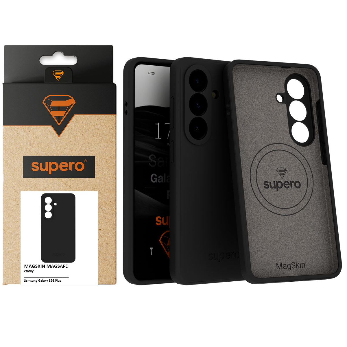 Na obrazie widoczne jest czarne etui do telefonu z trzema otworami na aparaty oraz opakowanie z logo \'supero\'. Na opakowaniu znajduje się napis \'MAGSKIN MAGSAFE czarny Samsung Galaxy S26 Plus\'.