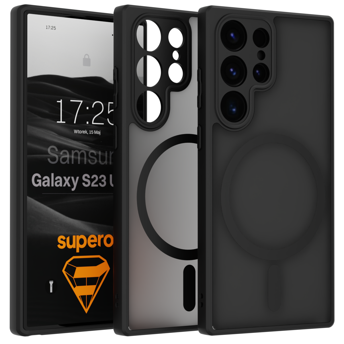 Obraz przedstawia trzy etui do telefonu Samsung Galaxy S23 Ultra, z matowym wykończeniem i okrągłym wzorem na środku. Na ekranie telefonu widoczny jest tekst: \'17:25, Wtorek, 15 Maj, Samsung Galaxy S23 Ultra\' oraz logo \'supero\'.