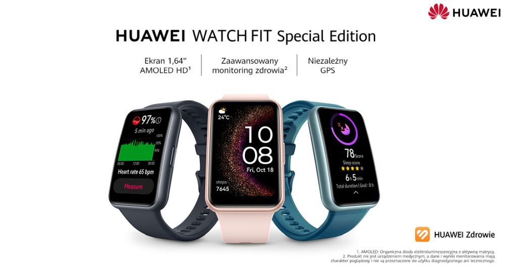 Obraz przedstawia trzy smartwatche HUAWEI Watch Fit Special Edition w różnych kolorach z wyświetlonymi różnymi ekranami. Widoczny jest tekst: \'HUAWEI WATCH FIT Special Edition\', \'Ekran 1,64\