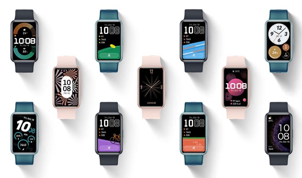 Na obrazie widocznych jest dziesięć smartwatchy z różnymi tarczami, w tym cyfrowymi i analogowymi. Każdy zegarek ma prostokątny wyświetlacz i różne kolory pasków, w tym różowy i niebieski.