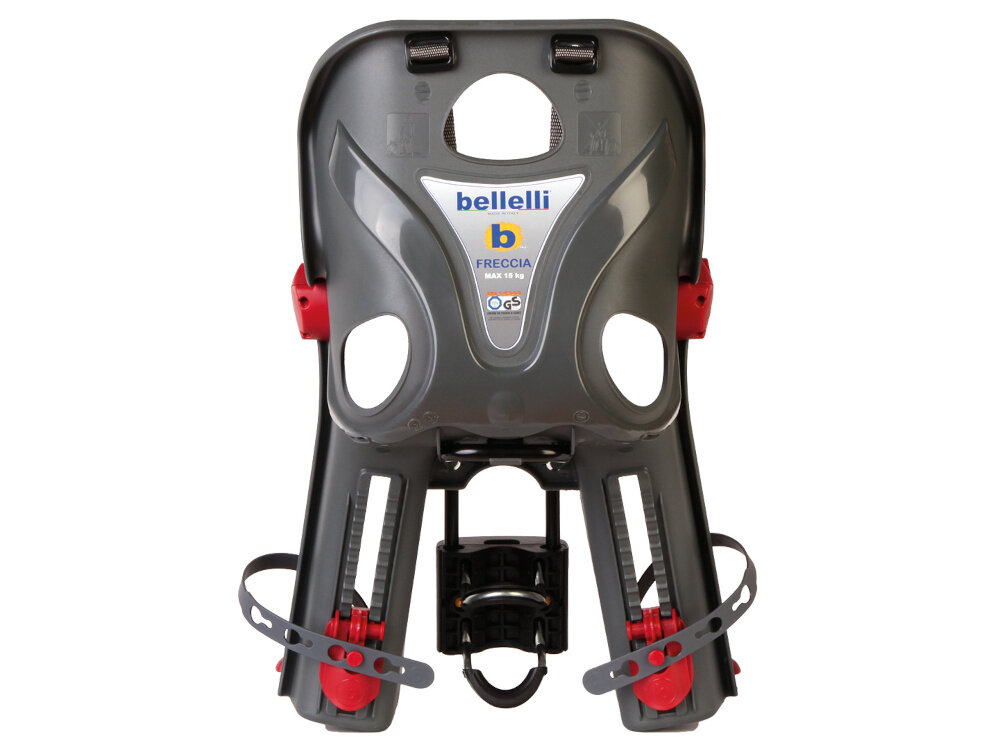 Ciemnoszary fotelik rowerowy z czerwonymi elementami, z widocznym logo \'bellelli\' oraz napisem \'FRECCIA MAX 15 kg\'.