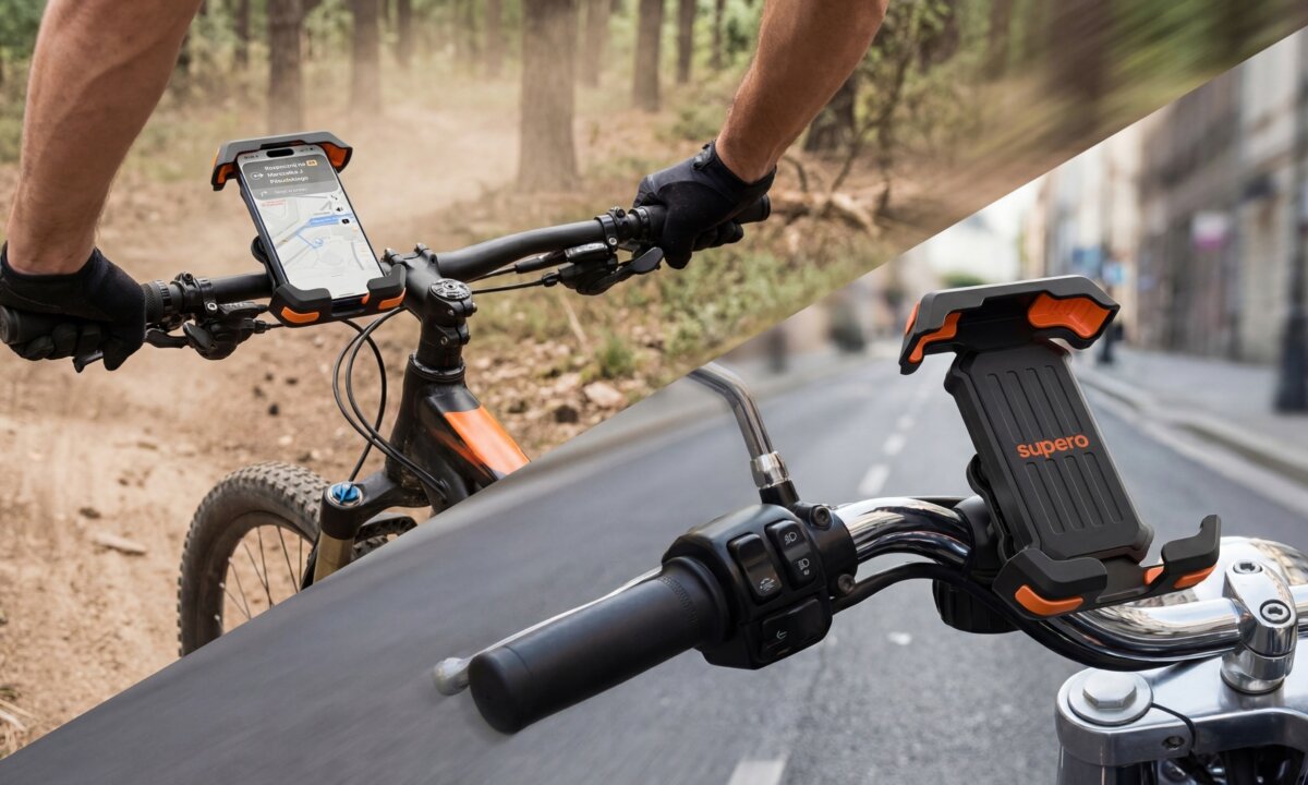 Obraz przedstawia dwa uchwyty na telefon zamontowane na kierownicach roweru i motocykla. Na jednym z uchwytów widoczny jest telefon z mapą, a na drugim logo \'supero\'.
