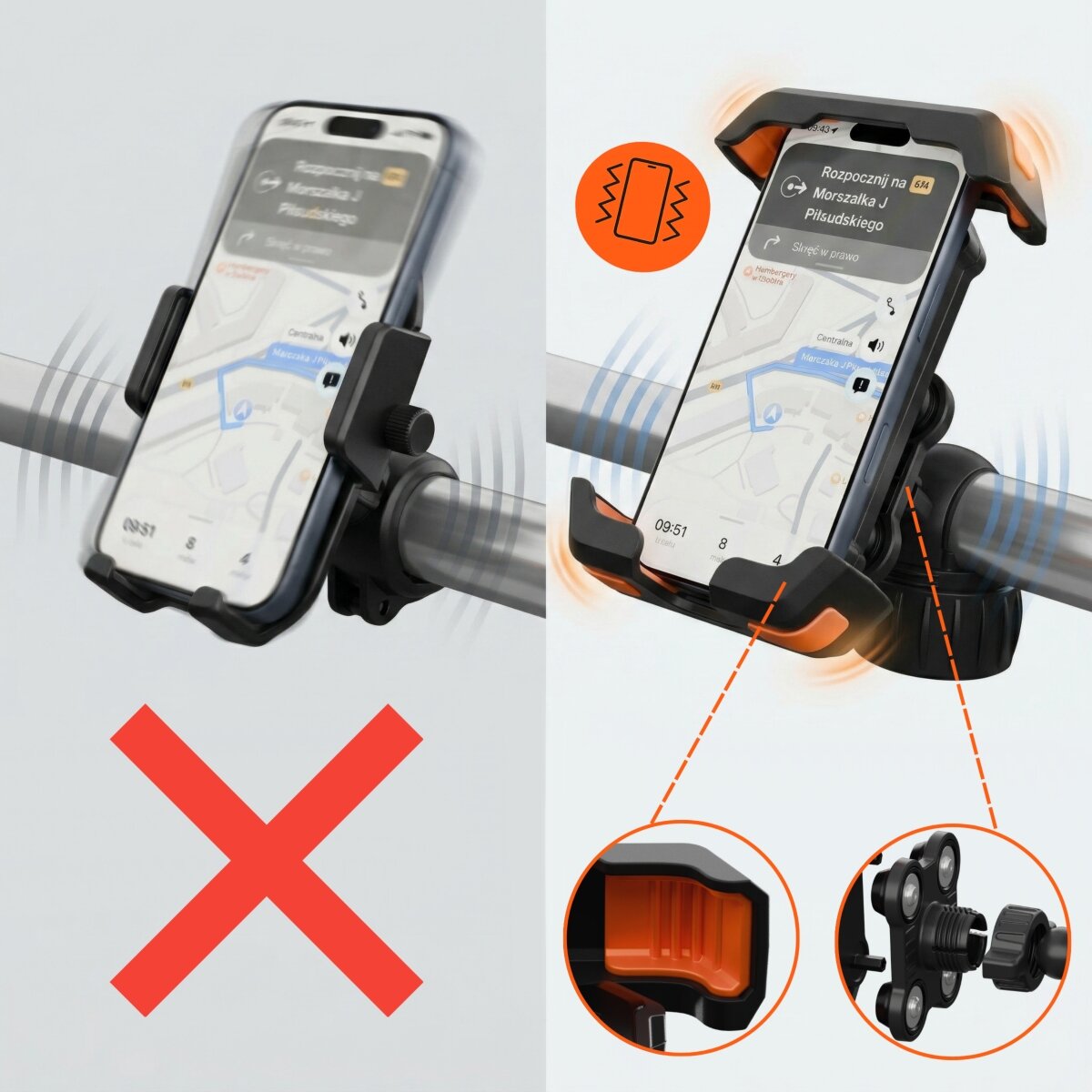 Obraz przedstawia dwa uchwyty rowerowe na telefon zamontowane na kierownicy. Po lewej stronie uchwyt z czerwonym znakiem X, po prawej uchwyt z pomarańczowymi elementami i ikoną wibracji, zbliżenie na mechanizm amortyzacji.