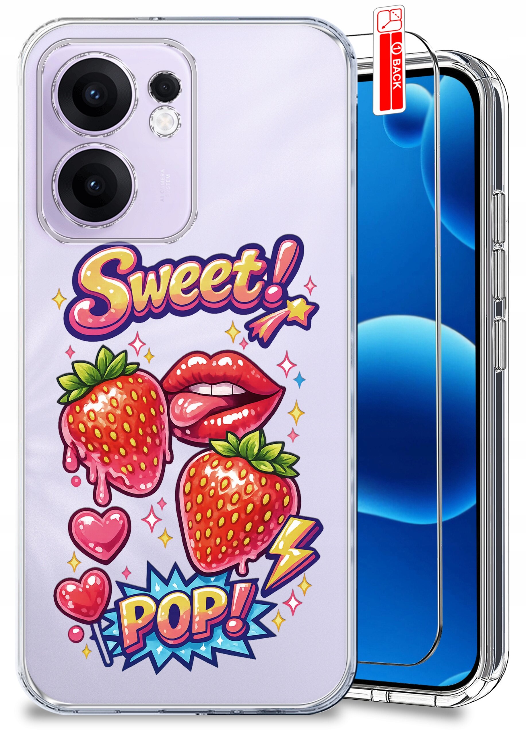 Etui na telefon z kolorowym wzorem przedstawiającym truskawki, usta i napisy \'Sweet!\' oraz \'POP!\'. Obok etui znajduje się szkło ochronne z oznaczeniem \'BACK\'.