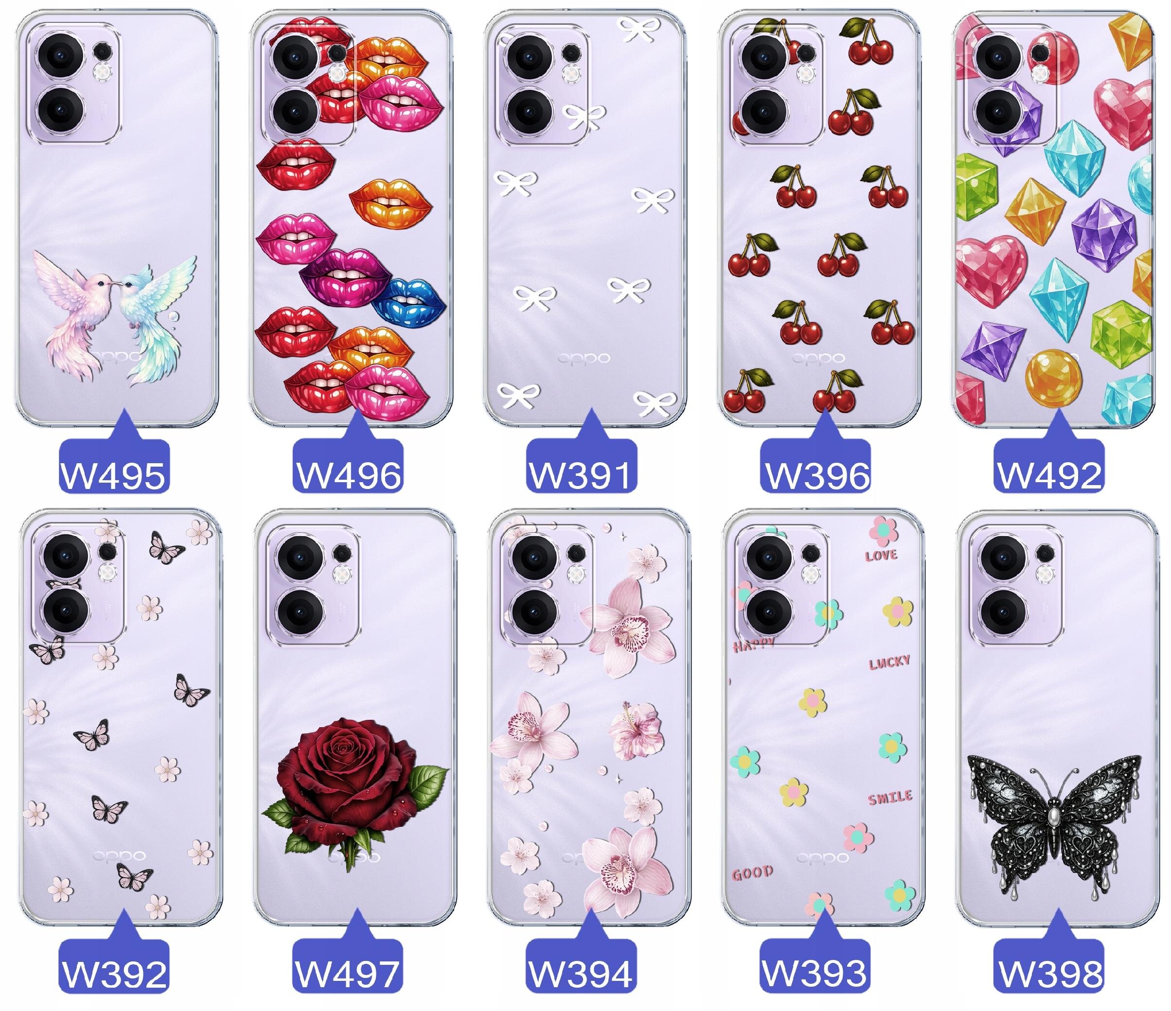 Dziesięć etui na telefon z różnymi wzorami, takimi jak gołębie, usta, kokardki, wiśnie, diamenty, motyle, róże i napisy. Każde etui ma przypisany numer identyfikacyjny, np. W495, W496.