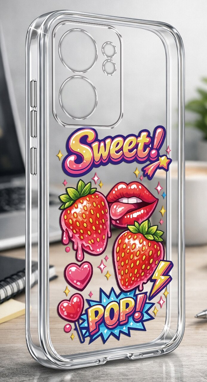Przezroczyste etui na telefon z kolorowym nadrukiem przedstawiającym truskawki, usta oraz napisy \'Sweet!\' i \'POP!\'. W tle widoczne są elementy biurowe, takie jak notatnik i roślina.