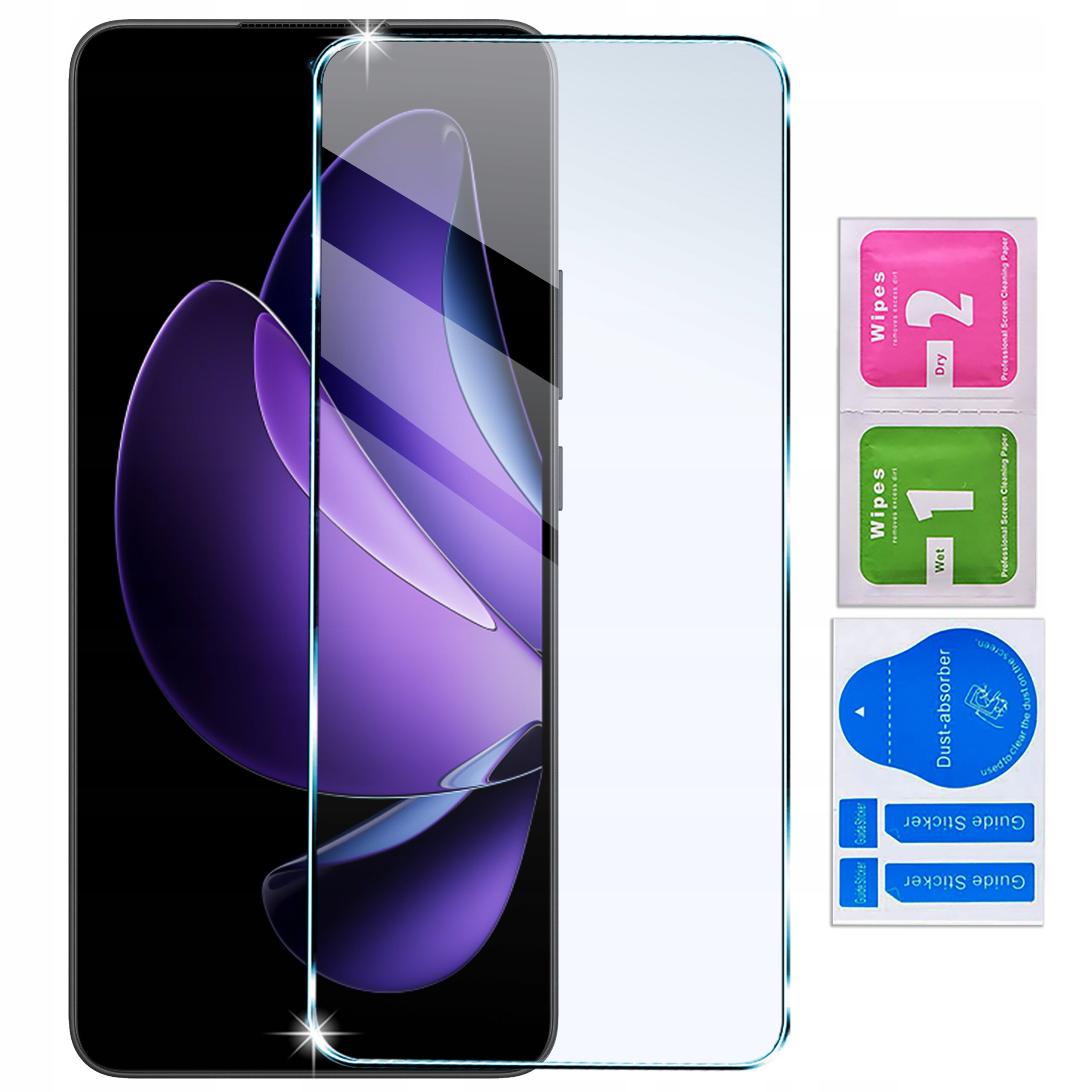 Na obrazie widoczny jest telefon z nałożonym przezroczystym szkłem ochronnym. Obok znajdują się trzy saszetki z napisami: \'Wipes 1 Wet\', \'Wipes 2 Dry\' oraz \'Dust Absorber\'.