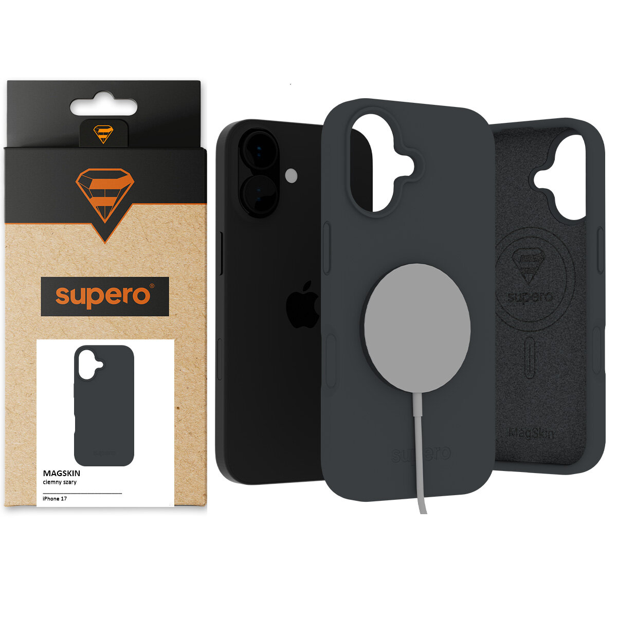Na obrazie widoczne jest ciemnoszare etui silikonowe z okrągłym elementem na środku, przeznaczone do iPhone 17. Obok znajduje się opakowanie z logo \'supero\' i napisem \'MAGSKIN ciemny szary\'.