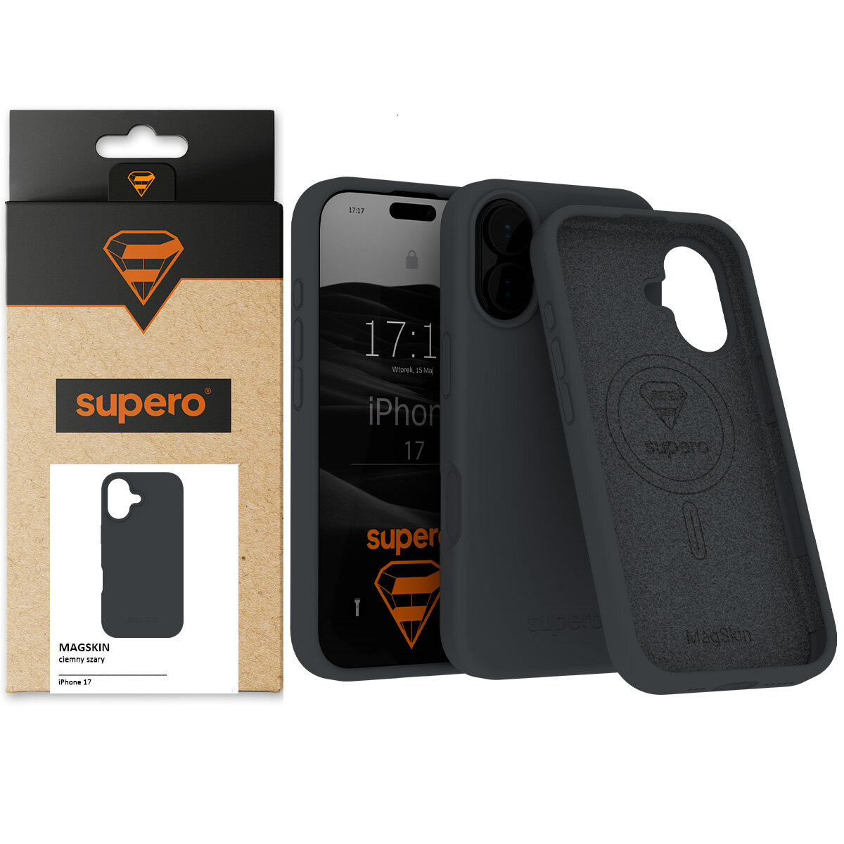 Na obrazie widoczne jest czarne etui silikonowe z logo \'supero\' oraz opakowanie z napisem \'MAGSKIN ciemny szary iPhone 17\'.
