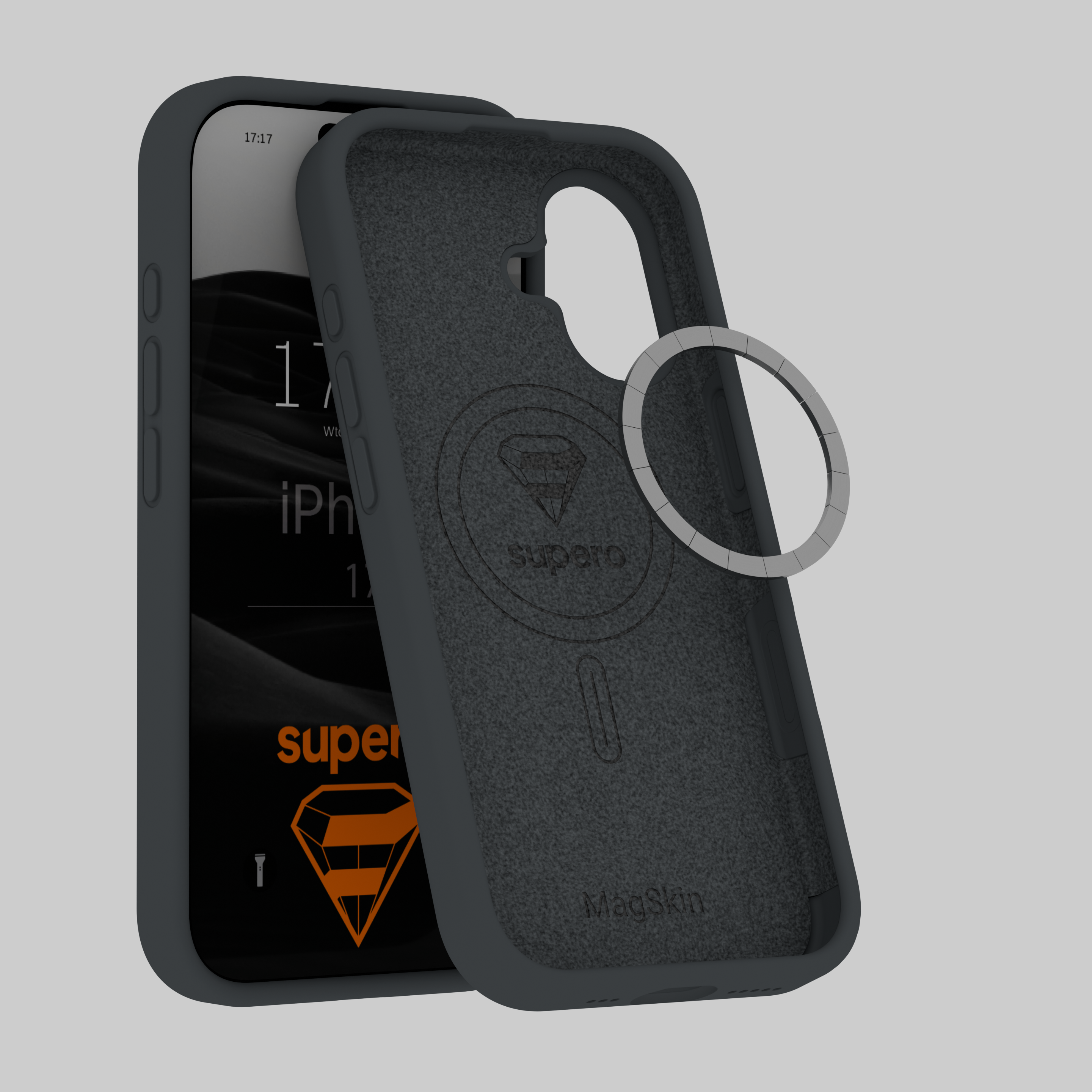 Na obrazie widoczne jest ciemnoszare etui silikonowe z wycięciem na aparat, przeznaczone do iPhone 17. Na etui znajduje się logo \'supero\' oraz napis \'MagSkin\'.
