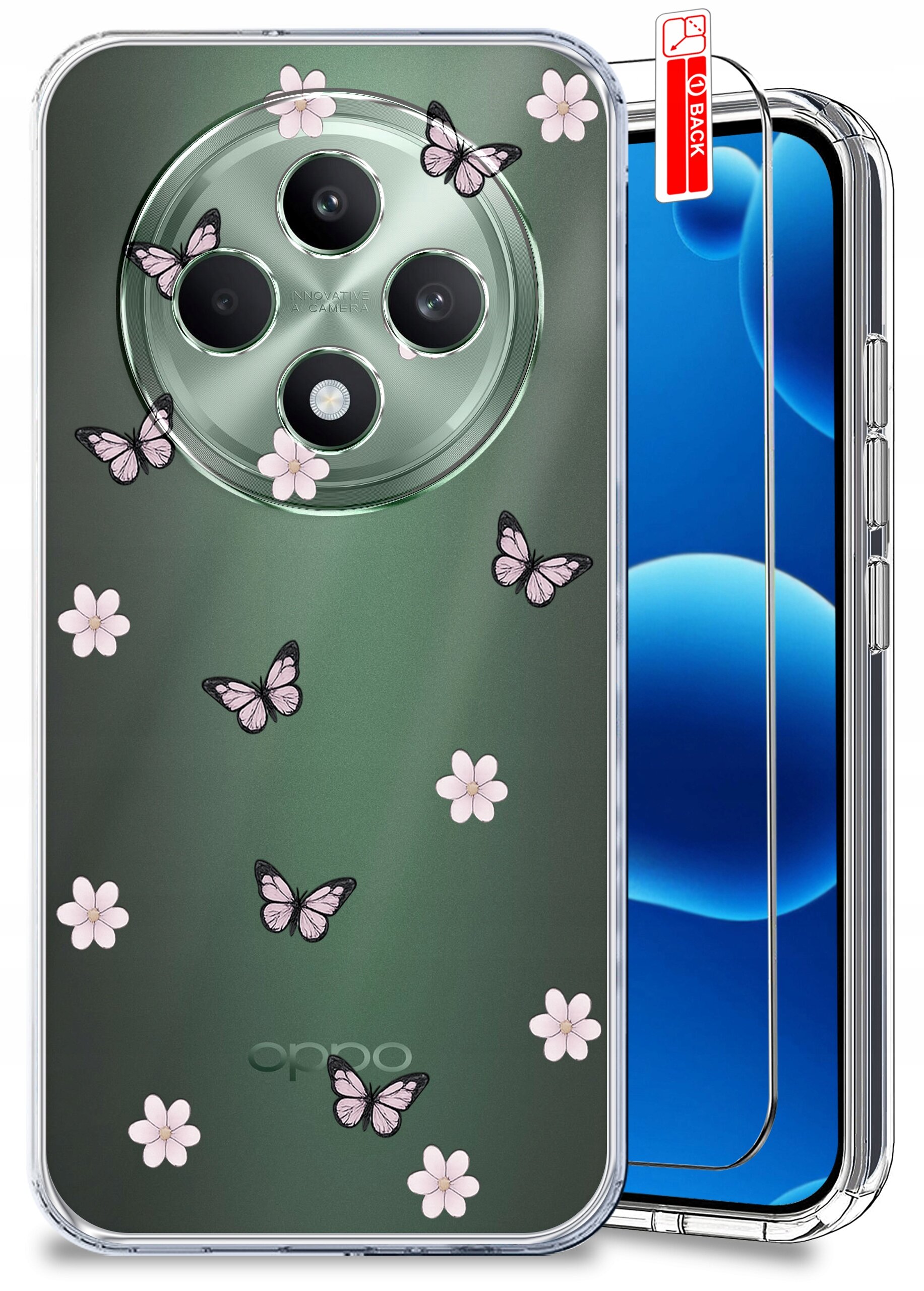 Etui na telefon z motywem kwiatów i motyli, przeznaczone dla Oppo Reno 12 F/12 Fs 4G/5G, z przezroczystym szkłem ochronnym. Widoczne logo \'oppo\'.