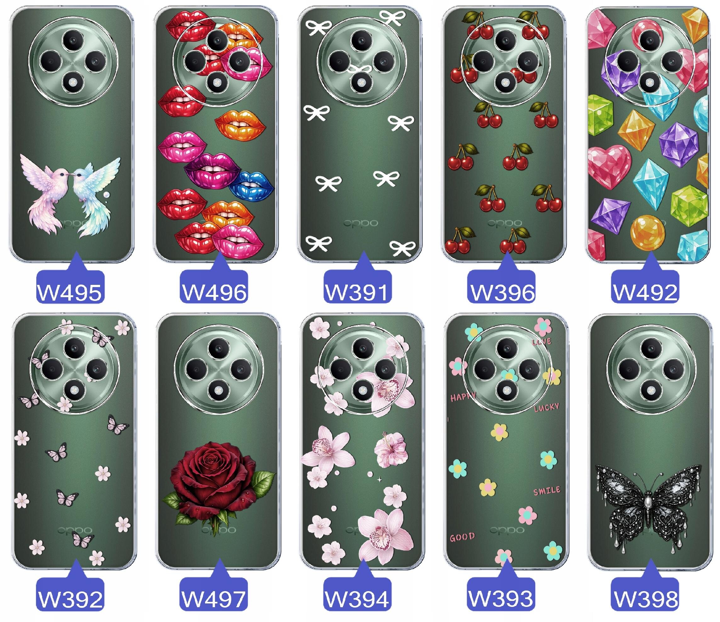 Dziesięć etui na telefon z różnymi wzorami, takimi jak gołębie, usta, kokardki, wiśnie, kolorowe diamenty, motyle, róże, kwiaty i czarny motyl. Każde etui ma przypisany kod, np. W495, W496, W391.