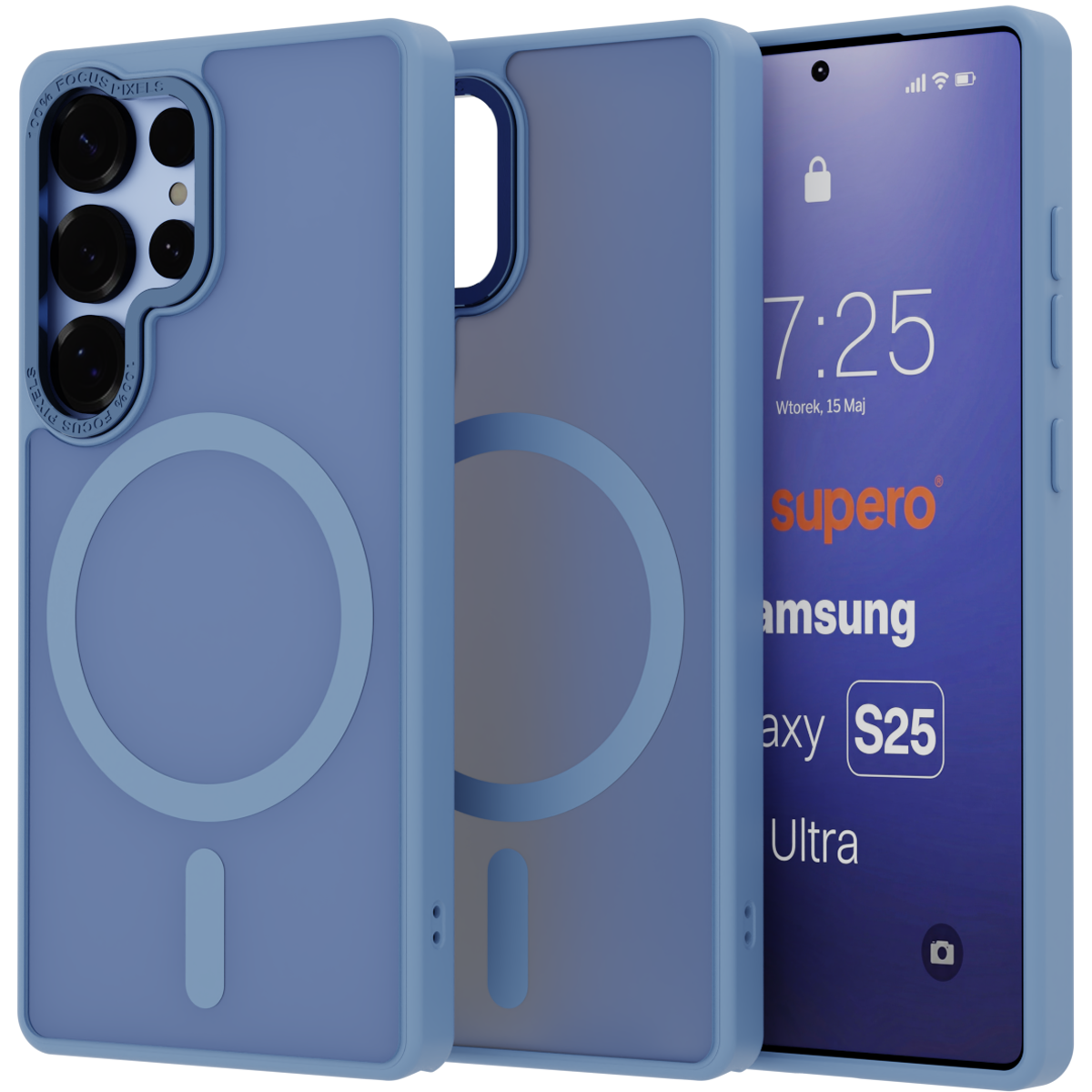 Na obrazie widoczne są dwa niebieskie etui do telefonu z okrągłym wzorem, jedno z nich pokazuje tył z wycięciem na aparat, a drugie przód z ekranem telefonu. Na ekranie telefonu widnieje tekst: \'7:25, Wtorek, 15 Maj, supero, Samsung, Galaxy S25 Ultra\'.