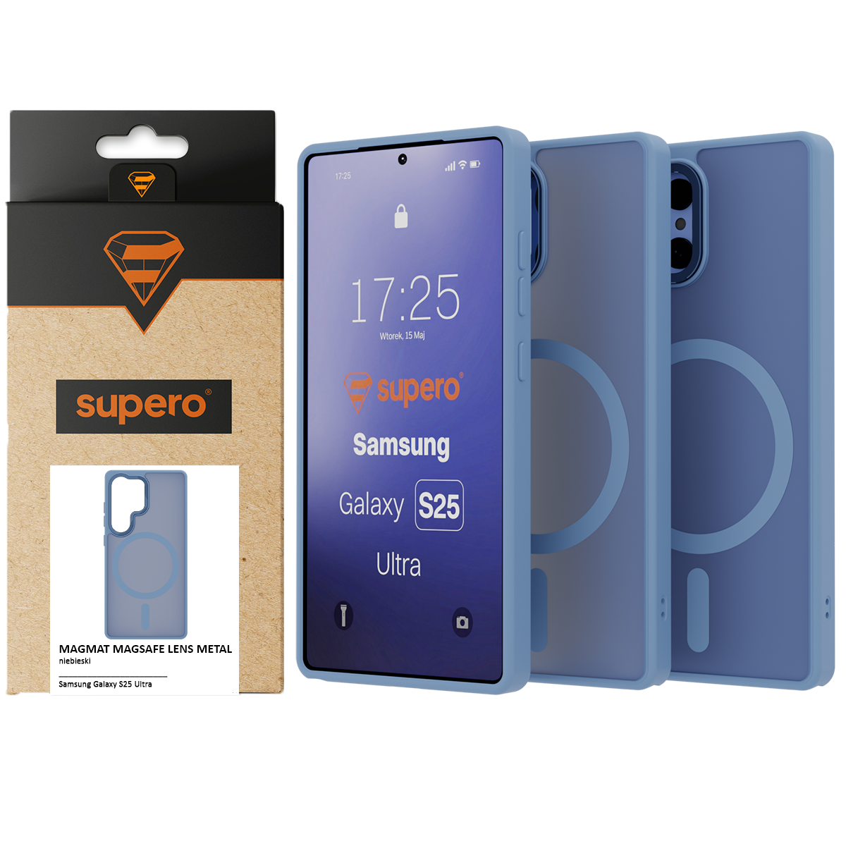 Na obrazie widoczne jest niebieskie etui do telefonu Samsung Galaxy S25 Ultra z okrągłym wzorem na tylnej części, zaprojektowane do systemu MagSafe. Obok znajduje się opakowanie z logo \'supero\' i napisem \'MAGMAT MAGSAFE LENS METAL niebieski\'.