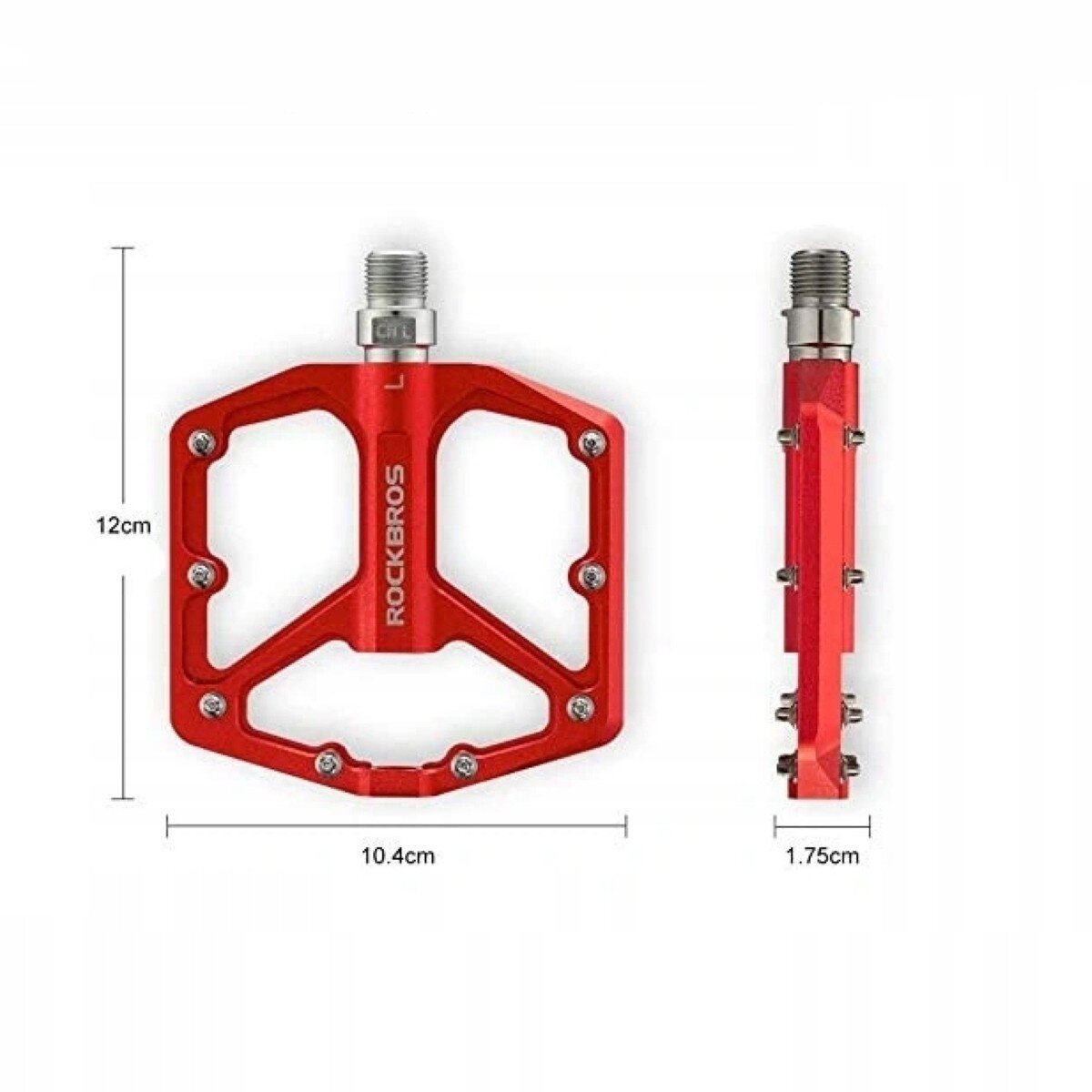 Czerwone pedały rowerowe z logo \'ROCKBROS\', o wymiarach 12 cm na 10.4 cm i grubości 1.75 cm, z widocznymi śrubami montażowymi.