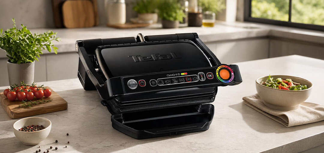 Na blacie kuchennym znajduje się czarny grill elektryczny z widocznym logo \'Tefal\' na pokrywie. Obok grilla leżą pomidory i miska z sałatką.