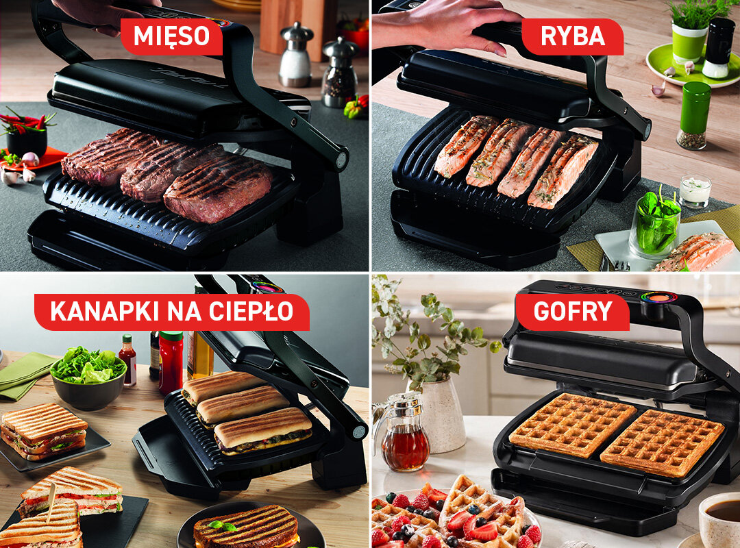 Obraz przedstawia grill elektryczny z czterema różnymi potrawami: mięso, ryba, kanapki na ciepło i gofry. Każda potrawa jest oznaczona etykietą z odpowiednim napisem: \'MIĘSO\', \'RYBA\', \'KANAPKI NA CIEPŁO\', \'GOFRY\'.