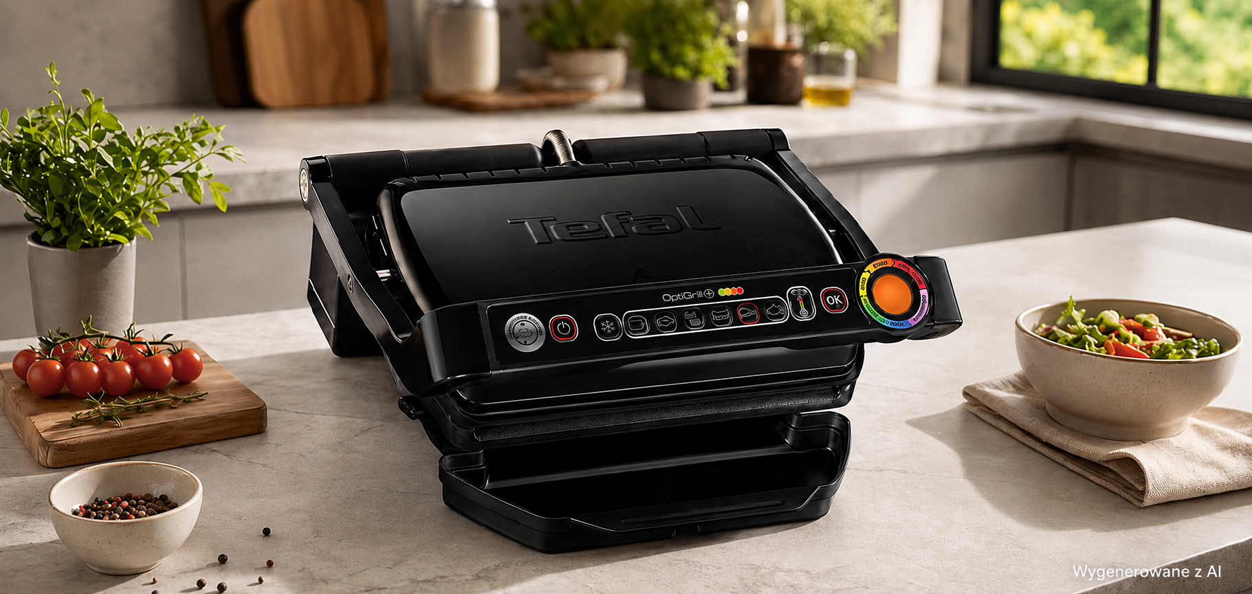 Na blacie kuchennym znajduje się czarny grill elektryczny z widocznym logo \'Tefal\' i panelem sterowania z kolorowym pokrętłem. Obok grilla leżą pomidory na desce oraz miska z sałatką.