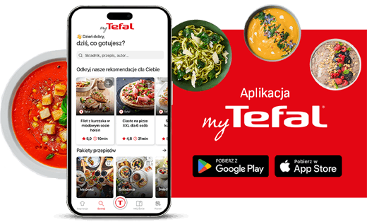 Obraz przedstawia telefon z aplikacją myTefal, obok którego znajdują się trzy talerze z różnymi potrawami. Po prawej stronie widnieje napis \'Aplikacja myTefal\' oraz ikony do pobrania z Google Play i App Store.