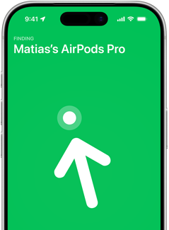 Ekran telefonu z zielonym tłem, na którym widnieje napis \'FINDING Matias’s AirPods Pro\' oraz symbol strzałki skierowanej w górę.