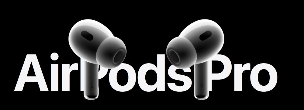 Na czarnym tle widoczne są dwa białe słuchawki dokanałowe. W tle znajduje się duży, biały napis \'AirPods Pro\'.