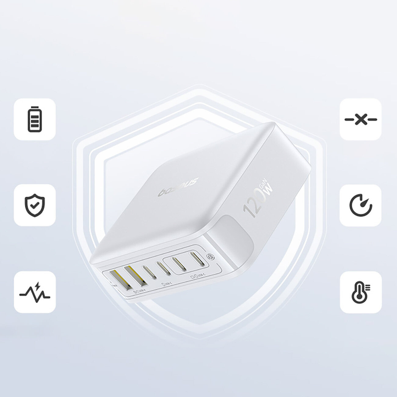 Biała stacja ładująca z oznaczeniem \'120W\' posiada cztery porty USB-C i dwa porty USB-A. W tle widoczne są ikony symbolizujące funkcje urządzenia, takie jak bateria, ochrona i temperatura.
