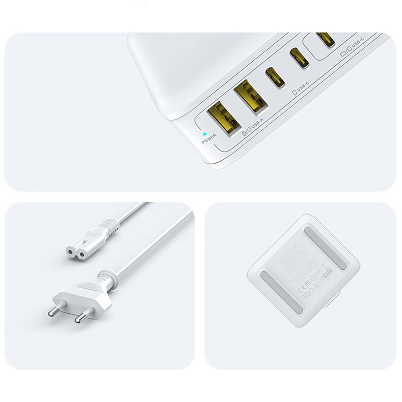 Obraz przedstawia stację ładującą z czterema portami USB-C i dwoma portami USB-A, oznaczoną jako \'POWER\'. Widoczny jest także biały kabel z wtyczką oraz spód urządzenia z oznaczeniami CE i innymi symbolami.