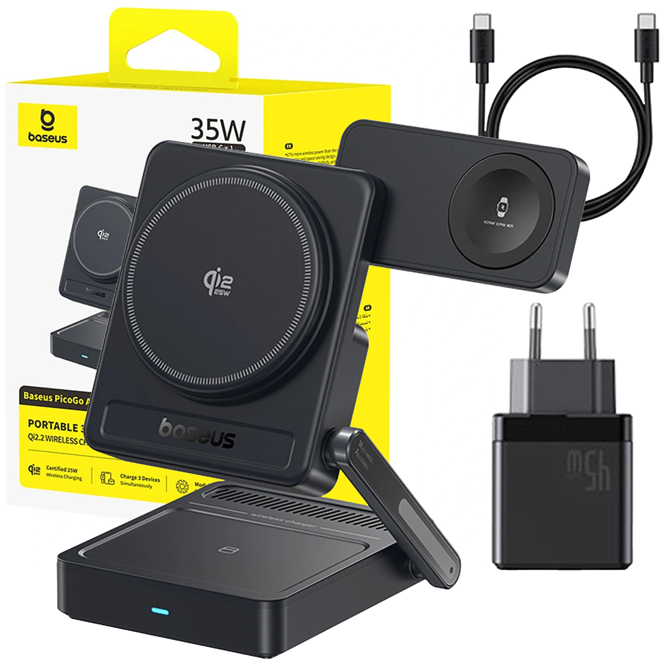 Na obrazie widoczna jest czarna ładowarka indukcyjna z logo \'baseus\' oraz opakowanie z napisem \'35W\'. Obok znajduje się kabel USB-C i wtyczka z dwoma bolcami.
