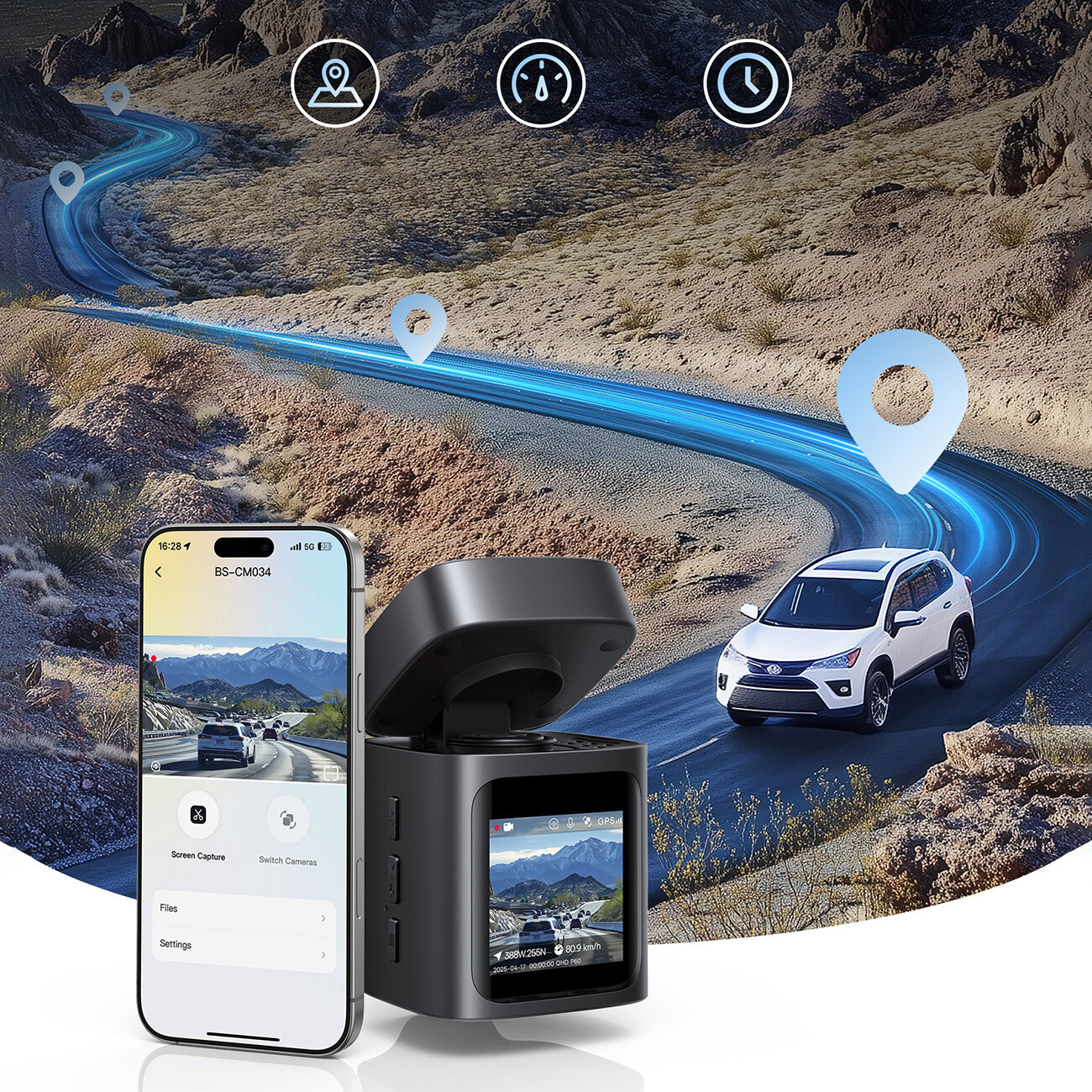 Obraz przedstawia wideorejestrator samochodowy oraz smartfon z aplikacją pokazującą trasę. W tle widać samochód na krętej drodze z niebieską linią symbolizującą trasę GPS.