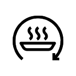 Czarny symbol przedstawiający talerz z parującym jedzeniem oraz strzałkę wskazującą w dół i w lewo.