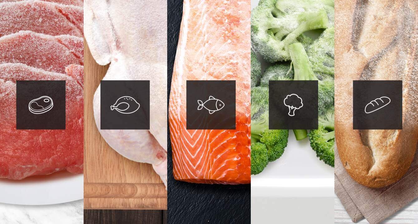 szybkie rozmrażanie dań w mikrofali Obraz przedstawia pięć różnych produktów spożywczych: zamrożone mięso, surowe mięso drobiowe, filet z łososia, mrożone brokuły i chleb. Na każdym produkcie znajduje się ikona symbolizująca dany rodzaj żywności.