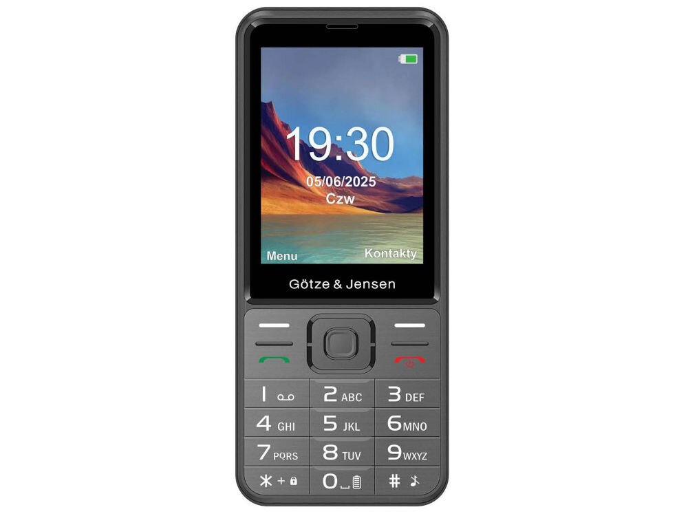 Telefon komórkowy z klawiaturą numeryczną i kolorowym wyświetlaczem, na którym widoczna jest godzina 19:30 oraz data 05/06/2025 Czw. Na obudowie znajduje się napis \'Götze & Jensen\'.