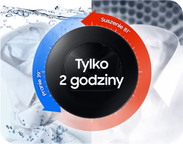 Obraz przedstawia grafikę z napisem \'Tylko 2 godziny\' na czarnym tle, otoczoną niebiesko-czerwonym okręgiem z napisami \'Pranie 39°\' i \'Suszenie 81°\'. W tle widoczne są elementy prania i suszenia, takie jak koszula i woda.