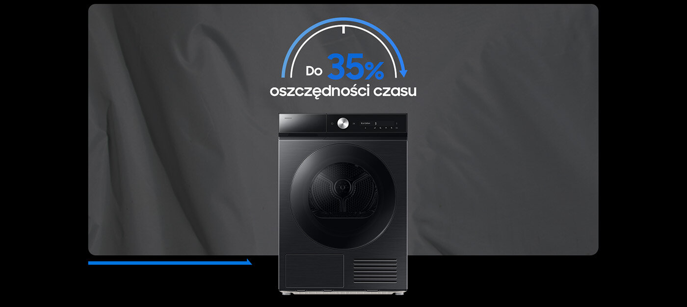 Czarna suszarka z dużym okrągłym bębnem na tle szarej tkaniny. Nad suszarką znajduje się napis \'Do 35% oszczędności czasu\'.