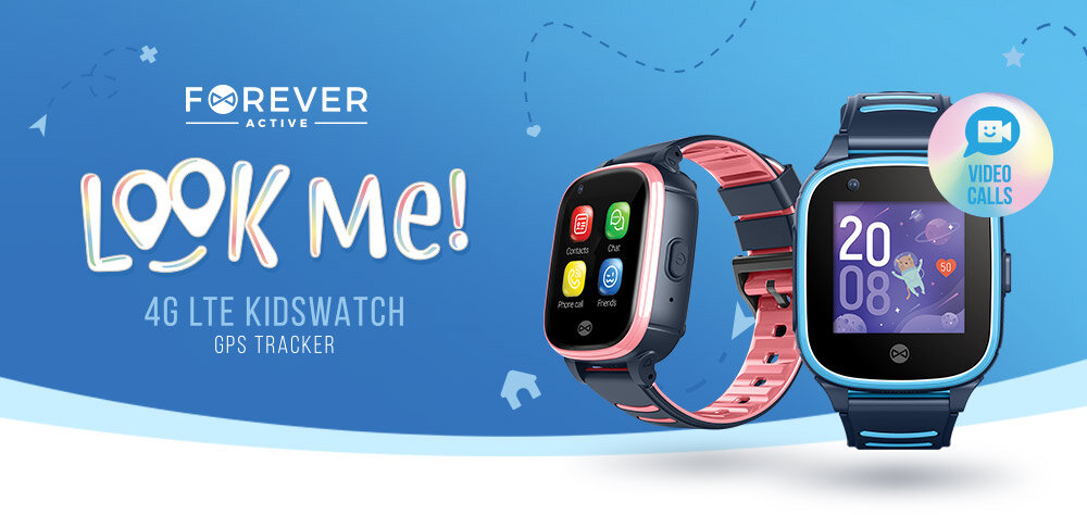Obraz przedstawia dwa smartwatche z kolorowymi wyświetlaczami, jeden z różowym paskiem, drugi z niebieskim. Na obrazie widnieje tekst: \'FOREVER ACTIVE Look Me! 4G LTE KIDSWATCH GPS TRACKER\'.