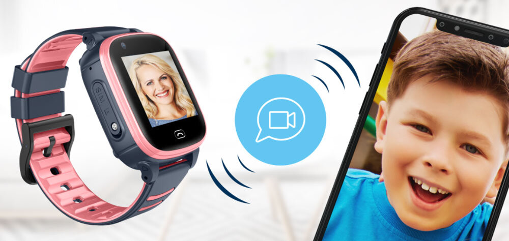 Obraz przedstawia różowy smartwatch z wyświetlaczem pokazującym zdjęcie kobiety oraz smartfon z wizerunkiem uśmiechniętego chłopca. Pomiędzy nimi znajduje się niebieska ikona z symbolem kamery wideo.