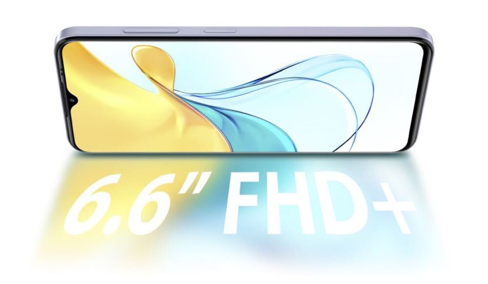 Obraz przedstawia smartfon z wyświetlaczem, na którym widoczna jest kolorowa grafika. Na ekranie znajduje się tekst: \'6.6\