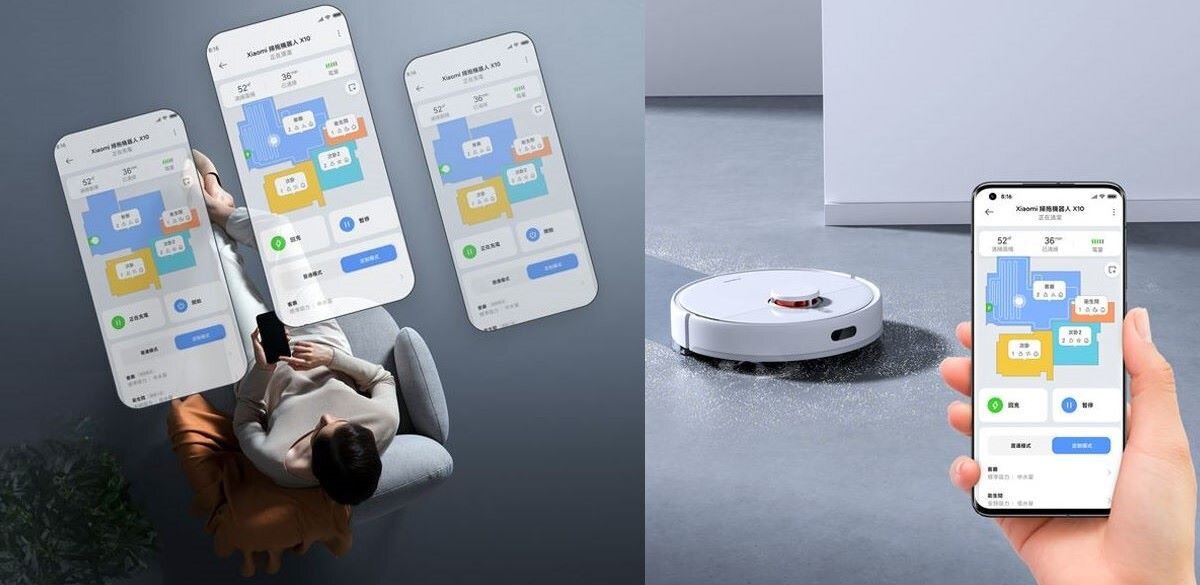Obraz przedstawia robota sprzątającego na podłodze oraz aplikację na smartfonie z mapą pomieszczeń. Na ekranie telefonu widoczny jest tekst w języku chińskim oraz kolorowe oznaczenia pomieszczeń.