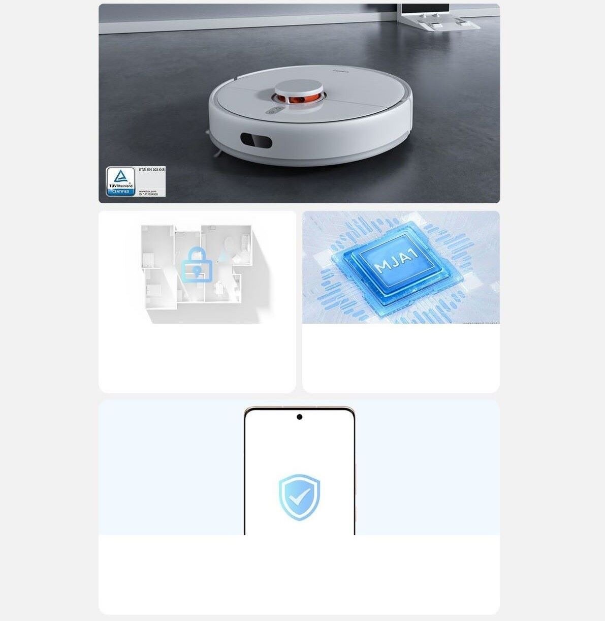 Na obrazie widoczny jest biały robot sprzątający na ciemnej podłodze oraz logo TÜV Rheinland. Obok znajdują się grafiki przedstawiające plan mieszkania z ikoną kłódki, niebieski chip z napisem \'MJA1\' oraz ekran telefonu z ikoną tarczy z haczykiem.