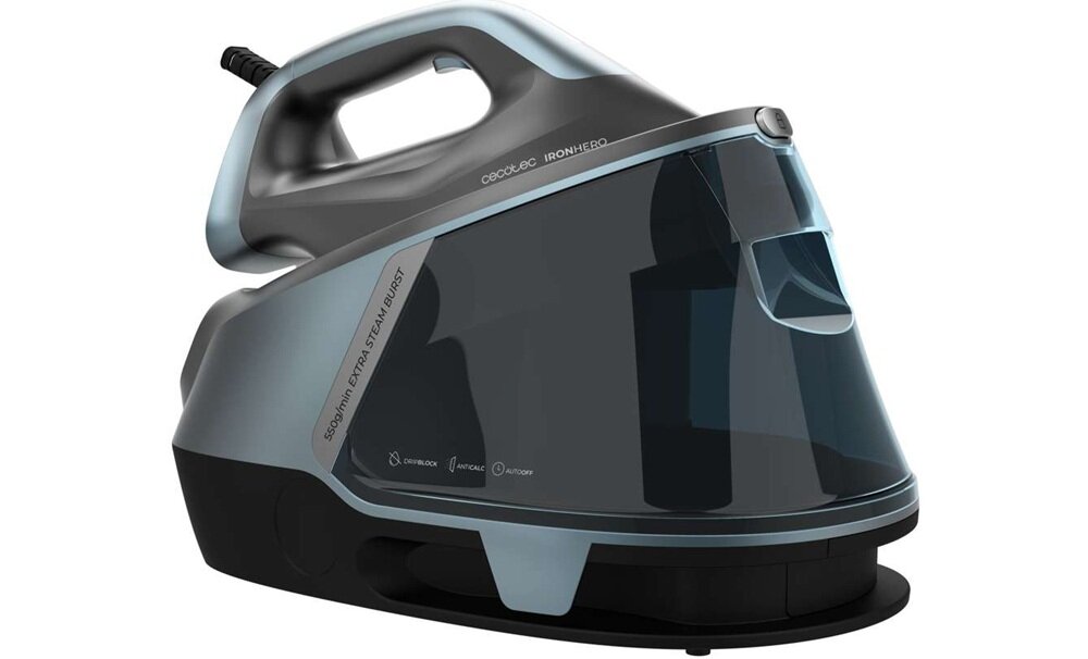 Na obrazie widoczny jest generator pary w kolorze szaro-czarnym z napisem \'CECOTEC IRONHERO\'. Na urządzeniu znajdują się również napisy \'50MIN EXTRA STEAM BURST\' oraz symbole wskazujące różne funkcje.