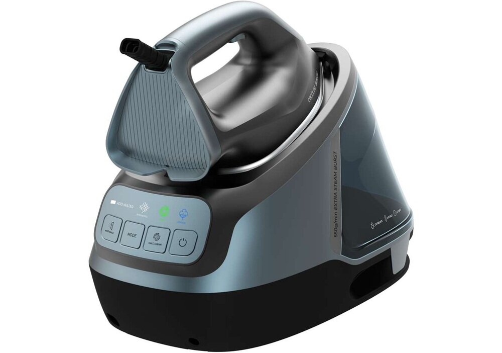 Generator pary w kolorze czarno-szarym z ergonomicznym uchwytem i panelem sterowania z czterema przyciskami. Na urządzeniu widoczny jest napis \'300g/min EXTRA STEAM BURST\'.