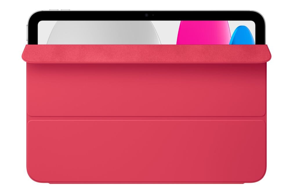 Czerwone etui na tablet z widocznym ekranem urządzenia wystającym z góry. Na ekranie widać kolorowe kształty.