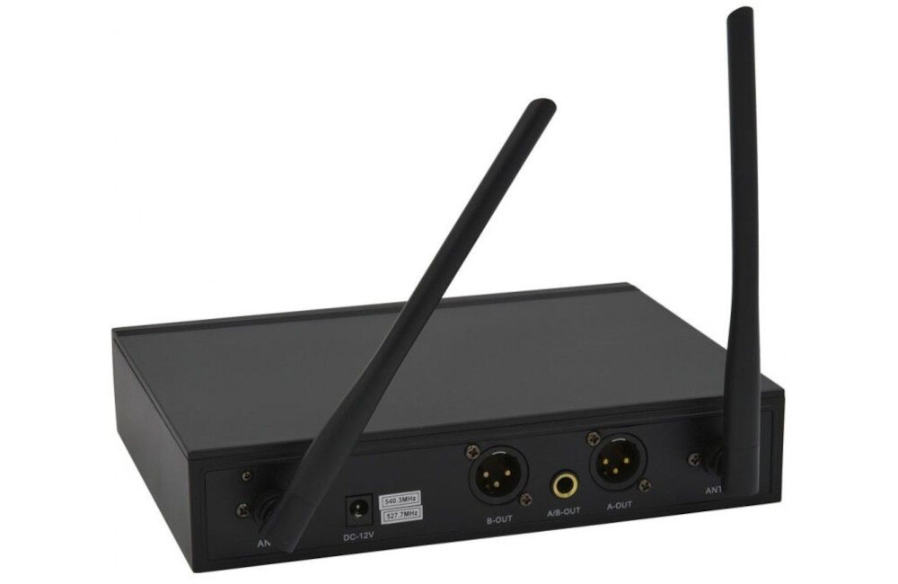 Czarny odbiornik z dwoma antenami, posiada złącza B-OUT, A/B-OUT, A-OUT oraz oznaczenia 548 MHz i 572 MHz. Widoczne są także wejścia DC-12V i AN1.