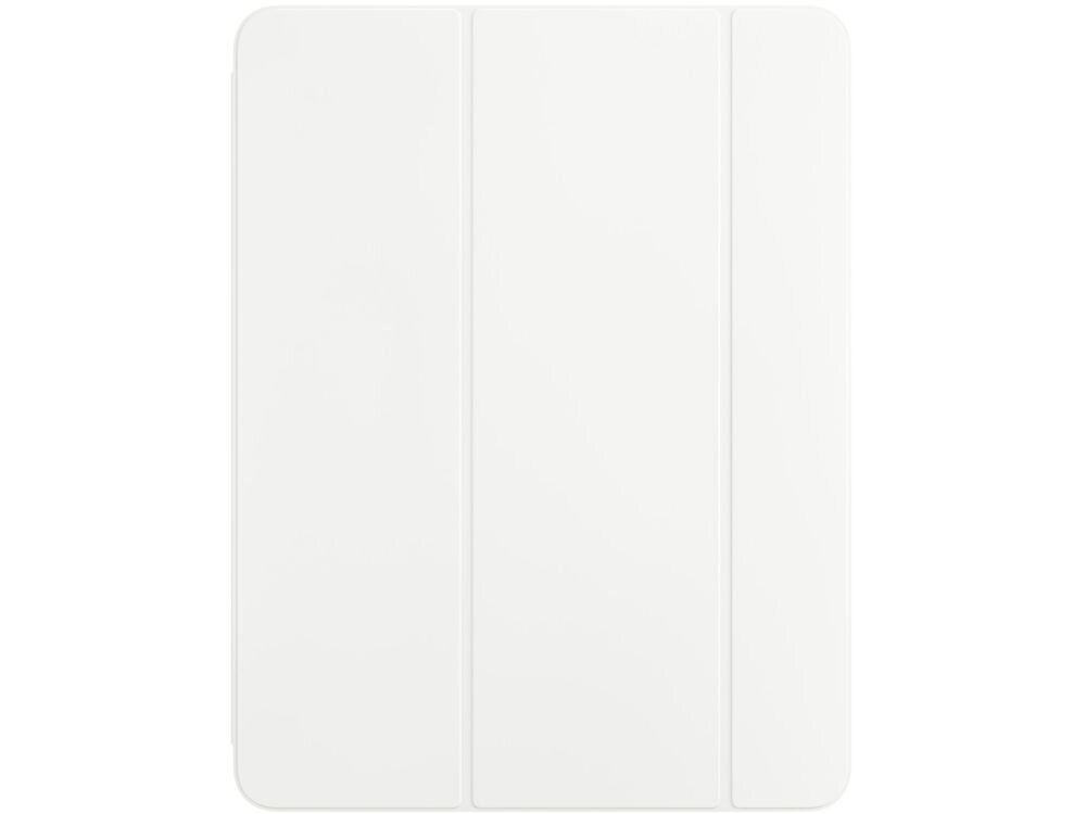 Białe etui na tablet z trzema pionowymi panelami. Powierzchnia jest gładka i jednolita.