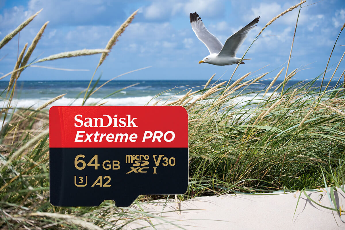 Karta pamięci SanDisk Extreme PRO microSDXC 64GB z oznaczeniami microSDXC, V30, U3, A2 na tle plaży z trawami i mewą w locie.