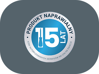 Okrągła niebieska naklejka z białym napisem \'PRODUKT NAPRAWIALNY 15 LAT\' oraz informacją \'6200 AUTORYZOWANYCH SERWISÓW NA CAŁYM ŚWIECIE\'.