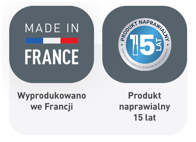 Obraz przedstawia dwa symbole. Pierwszy to napis \'MADE IN FRANCE\' z flagą Francji, a drugi to okrągły znak z napisem \'PRODUKT NAPRAWIALNY 15 LAT\'.