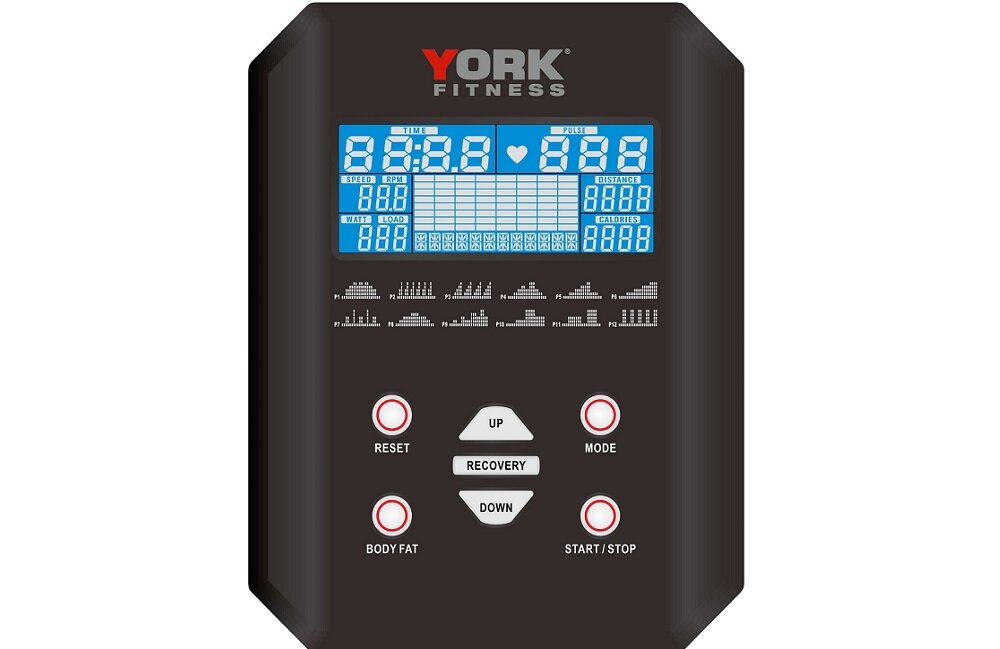 Panel sterowania z wyświetlaczem LCD i przyciskami, na którym widnieje logo \'YORK FITNESS\'. Widoczne są przyciski: RESET, BODY FAT, UP, RECOVERY, DOWN, MODE, START/STOP oraz różne wskaźniki i liczby na ekranie.